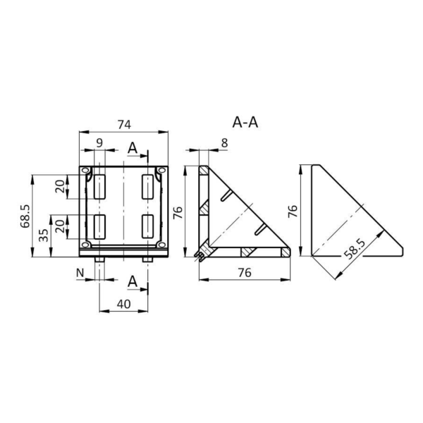 Hoekverbinder 80x80 Maatvoering